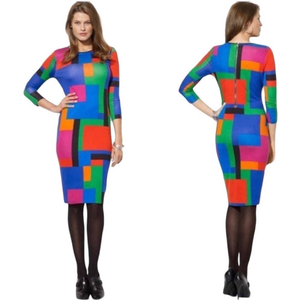 Lauren Ralph Lauren Multicolour Block Patterned Ponte Midi Dress Size M